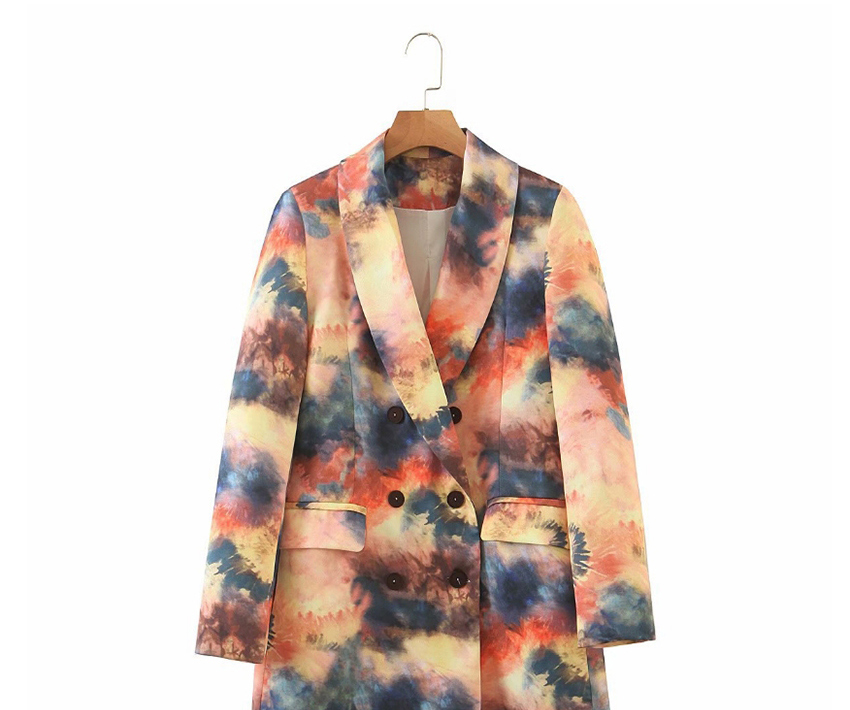 Fashion Color Mixing Double-breasted Blazer With Floral Print,Coat-Jacket