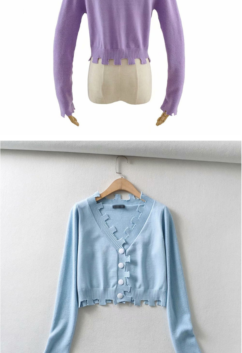 Fashion Blue V-neck Single-breasted Irregular Sweater Sweater,Sweater