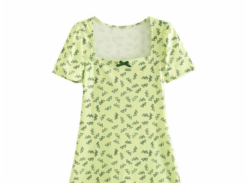 Fashion Green Floral Print Square-neck Slim Dress,Mini & Short Dresses