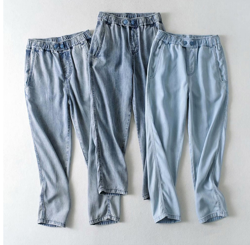Fashion In Blue Washed Tencel Two-button Denim Trousers,Denim