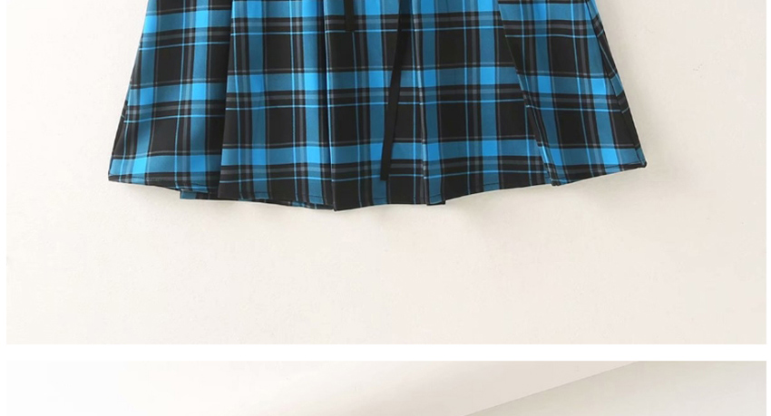 Fashion Blue Lace-up High-waist Check Pleated Skirt,Skirts