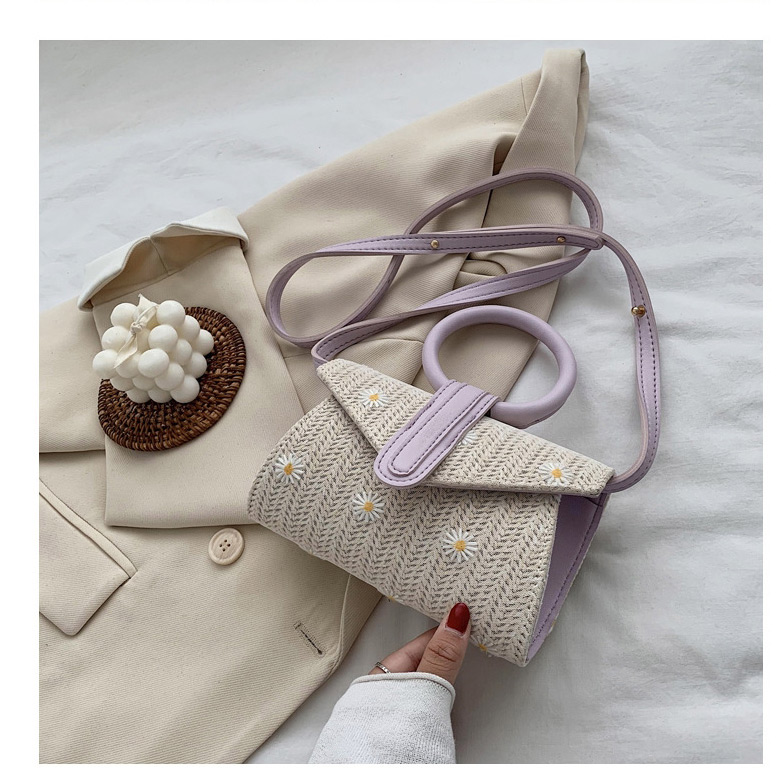 Fashion Creamy-white Straw Daisy Shoulder Messenger Ring Handbag,Handbags