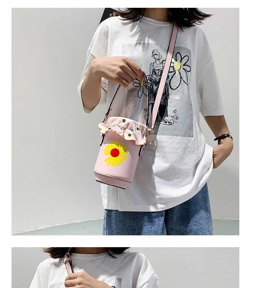 Fashion Pink Printed Daisy Cylindrical Crossbody Bag,Shoulder bags