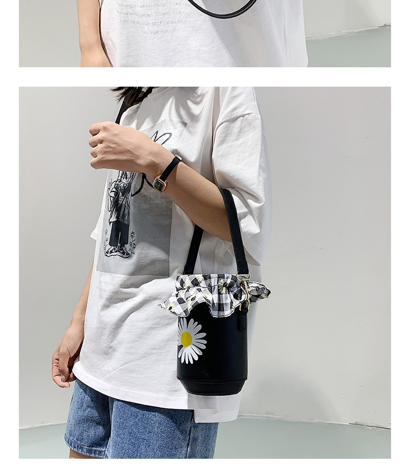 Fashion Black Printed Daisy Cylindrical Crossbody Bag,Shoulder bags