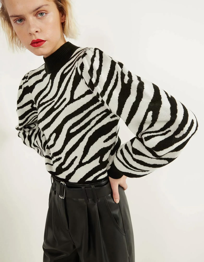 Fashion Zebra Pattern Zebra Print Bubble Sleeve Turtleneck Sweater,Sweater