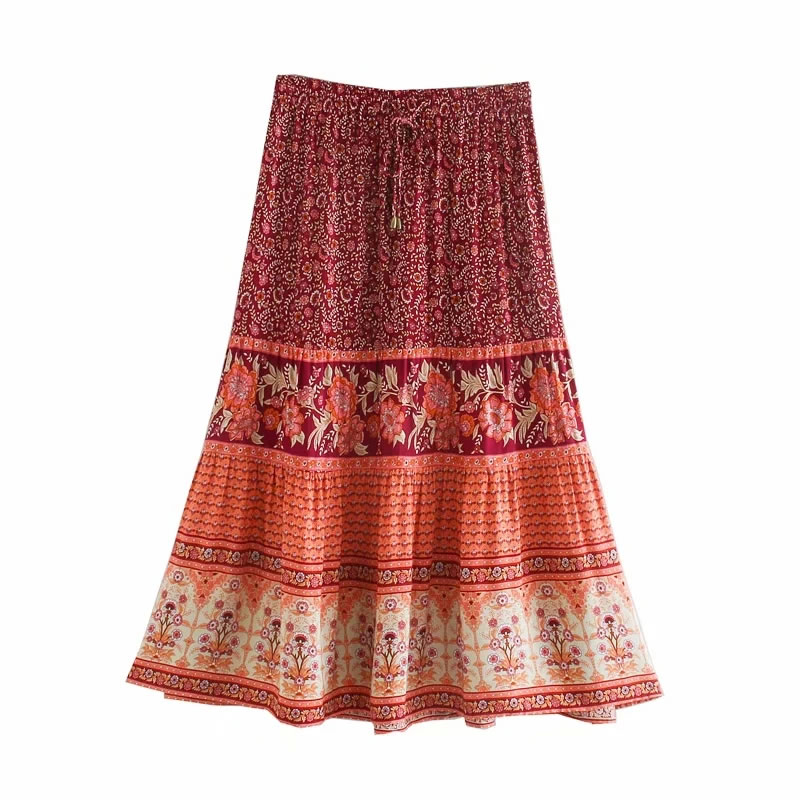 Fashion Red Printed Cotton Skirt,Skirts