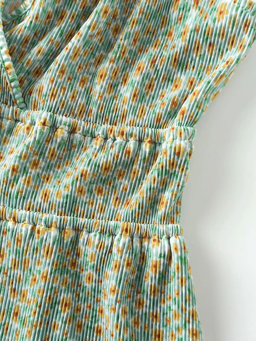 Fashion Green Floral Elastic Printed Waist Strap Jumpsuit,Shorts