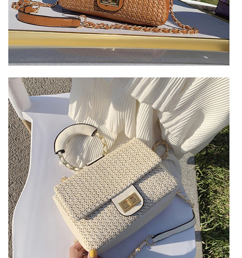Fashion Creamy-white Straw Woven Crossbody Chain Ring Woven Tote,Handbags