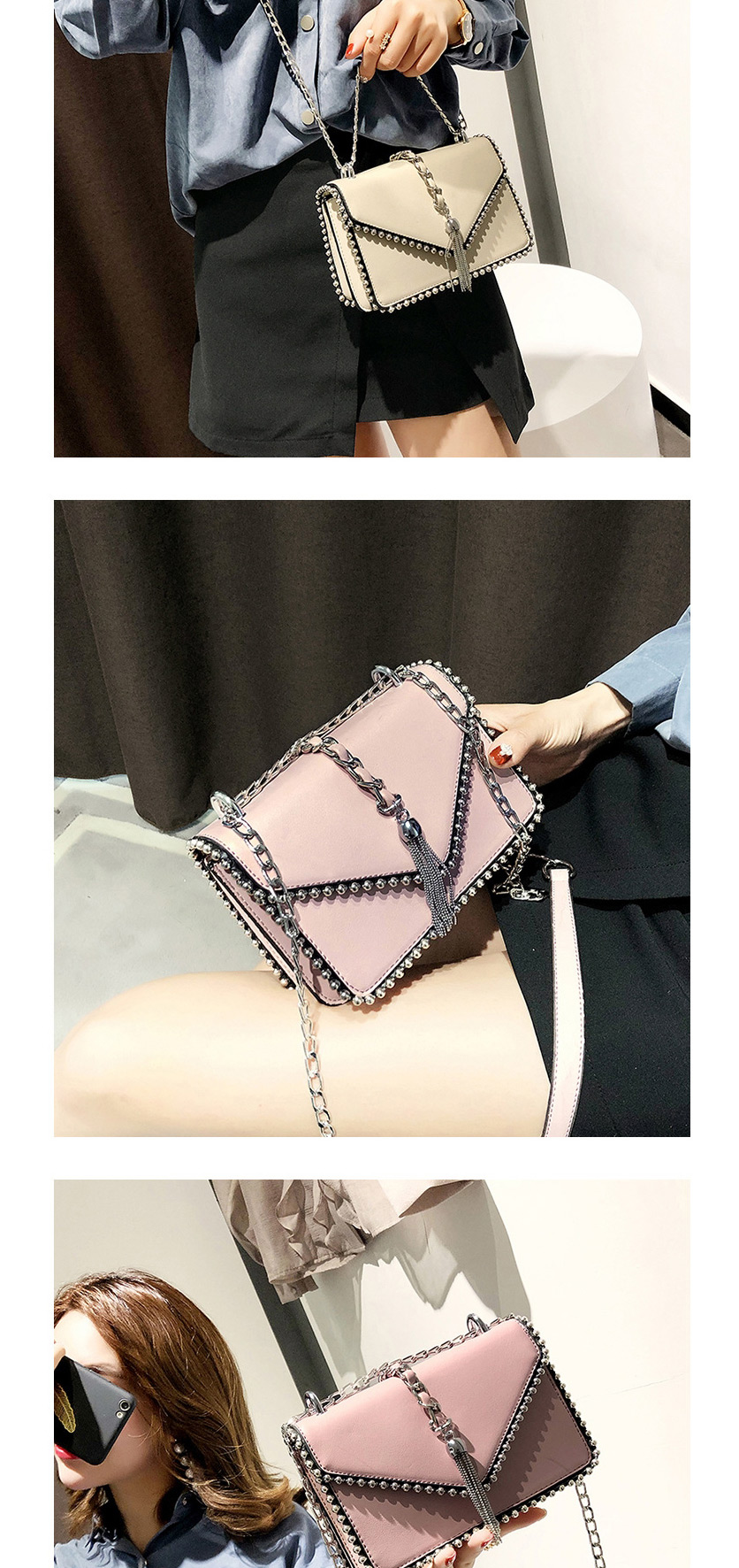 Fashion Pink Studded Tassel Shoulder Chain Crossbody Bag,Shoulder bags