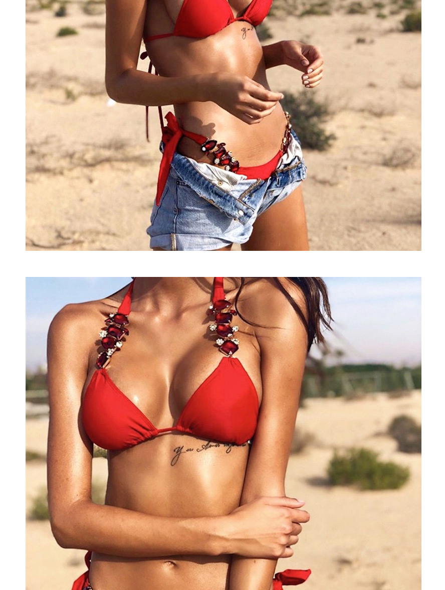Fashion Red Diamond Strap Metal Chain Split Swimsuit,Bikini Sets