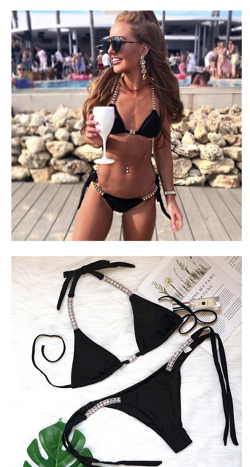 Fashion Black Solid Color Bandage Split Swimsuit,Bikini Sets
