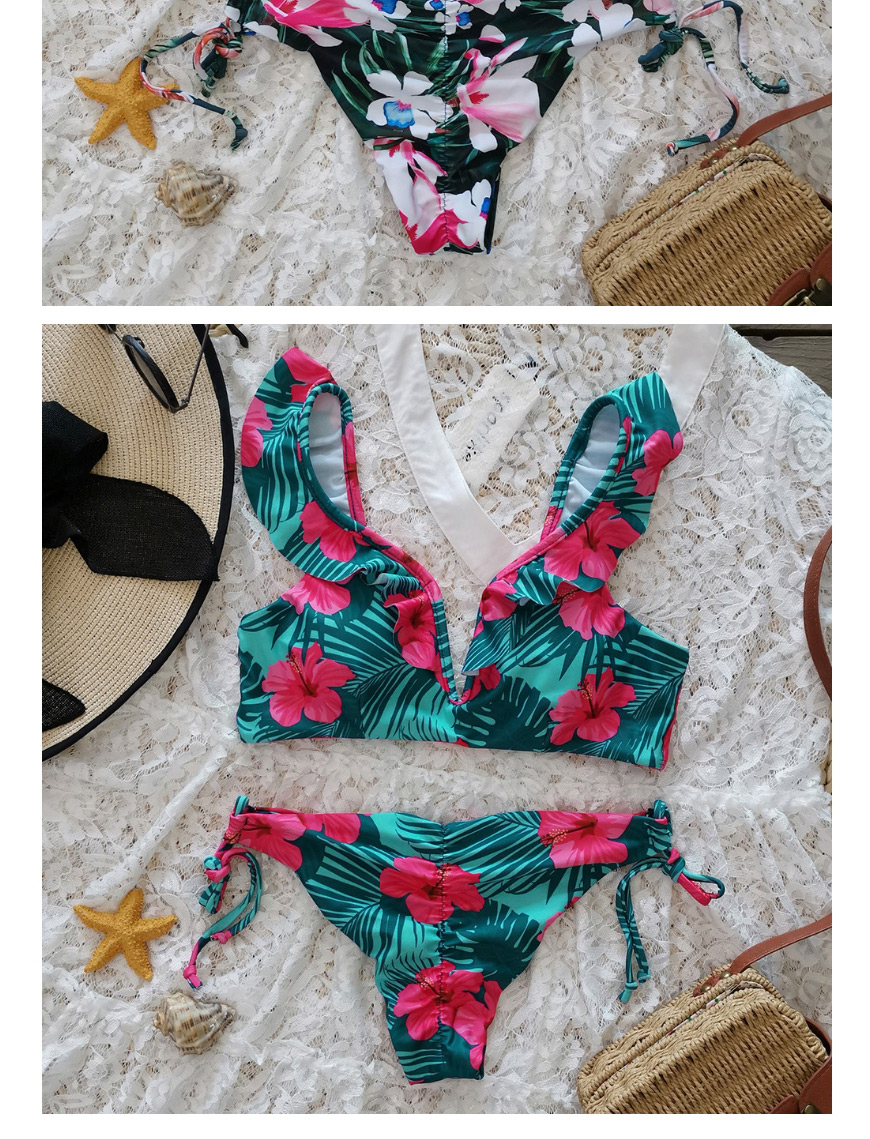 Fashion Green Background Pink Flowers Three-point Split Swimsuit,Bikini Sets