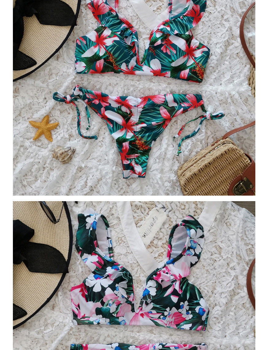 Fashion Blue And Green Red Flowers Three-point Split Swimsuit,Bikini Sets