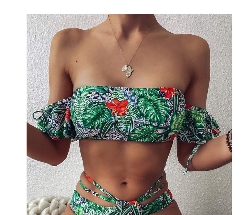 Fashion Green Print Printed Tube Top Strap Bikini With Shoulders,Bikini Sets