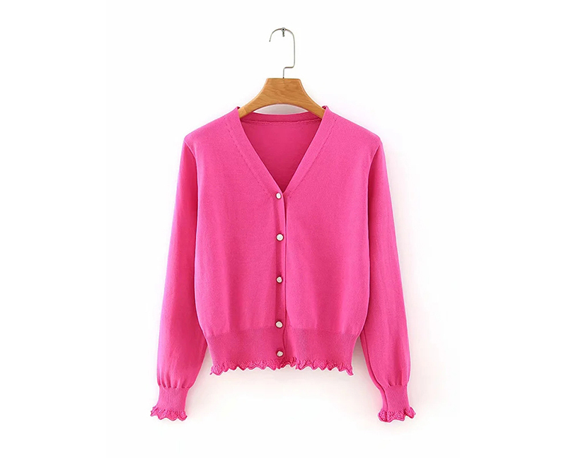 Rose Red Button V-neck Cardigan Sweater,Sweater