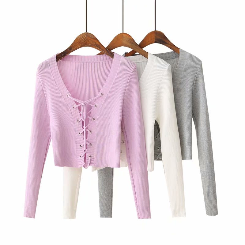Fashion Pink Breathable Lace Up Long Sleeve Sweater,Sweater