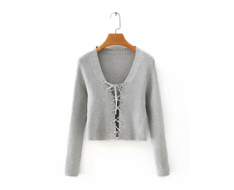 Fashion White Breathable Lace Up Long Sleeve Sweater,Sweater