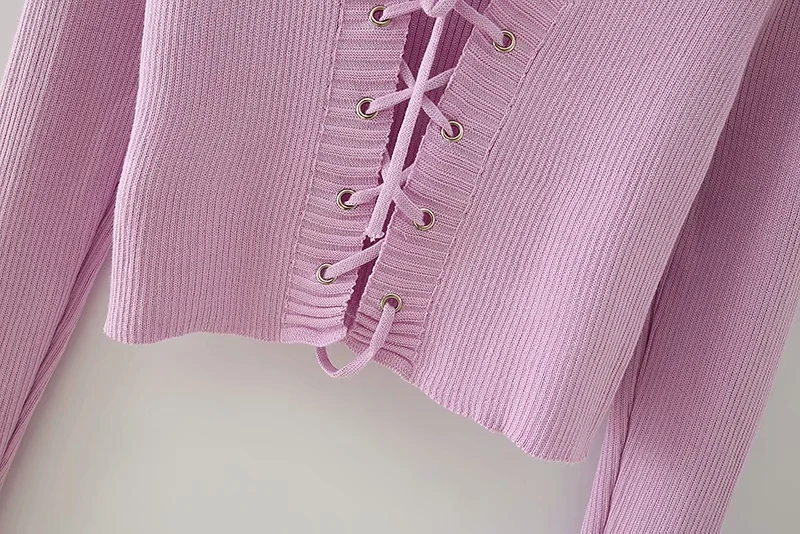 Fashion Pink Breathable Lace Up Long Sleeve Sweater,Sweater