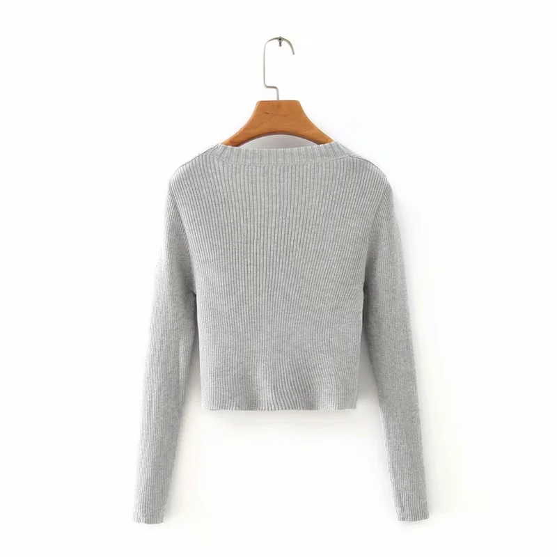 Fashion Gray Breathable Lace Up Long Sleeve Sweater,Sweater