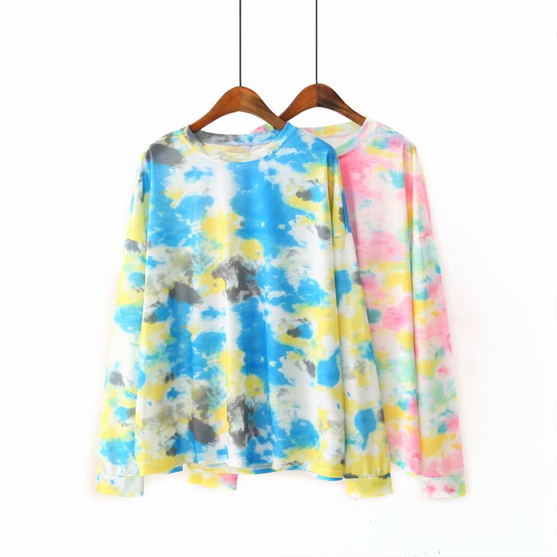 Fashion Blue Tie-dye Loose Long-sleeved Sweater,Tank Tops & Camis