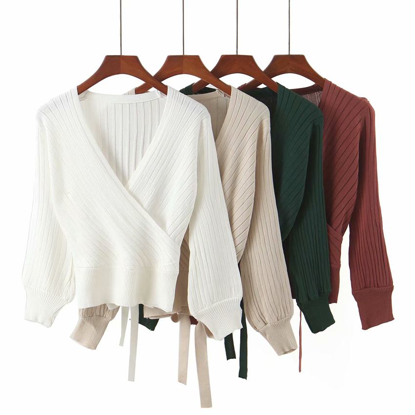 Fashion White Kimono V-neck Lace Up Long Sleeve Sweater,Sweater