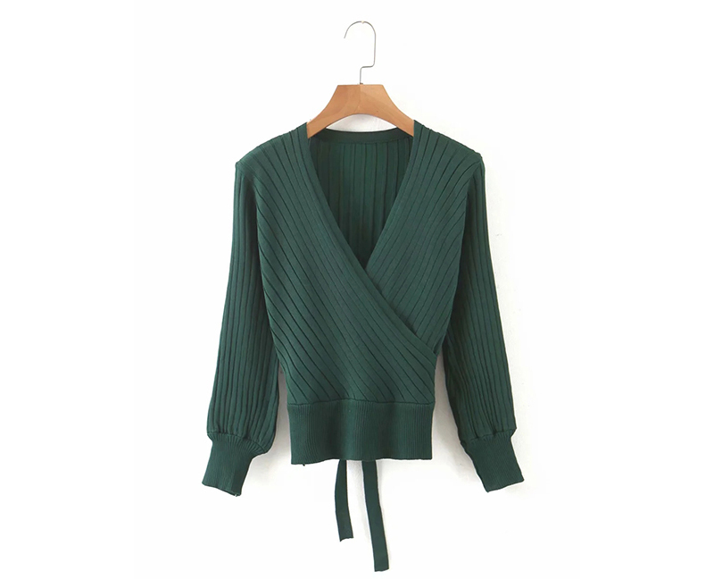 Fashion Dark Green Kimono V-neck Lace Up Long Sleeve Sweater,Sweater