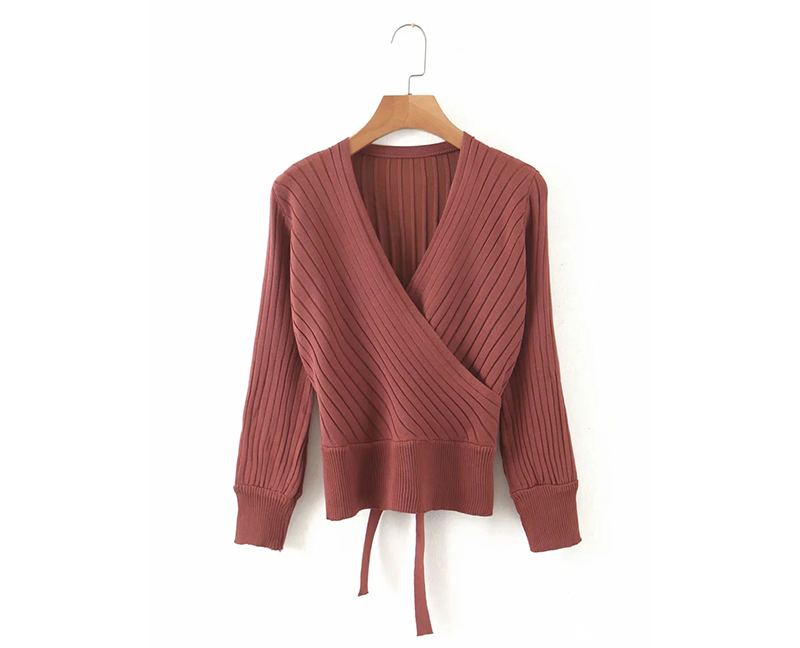 Fashion Brick Red Kimono V-neck Lace Up Long Sleeve Sweater,Sweater