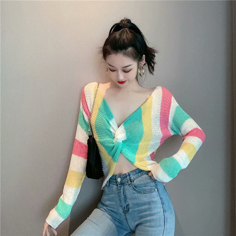 Fashion White Color-striped Knotted Backless Long-sleeved Sweater,Sweater