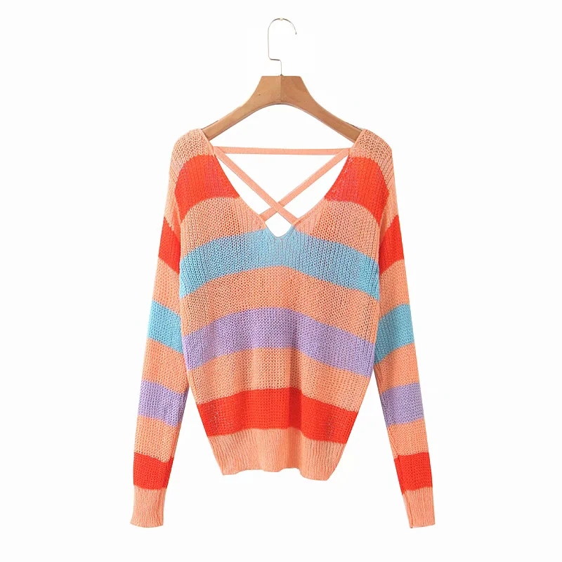 Fashion White Color-striped Knotted Backless Long-sleeved Sweater,Sweater