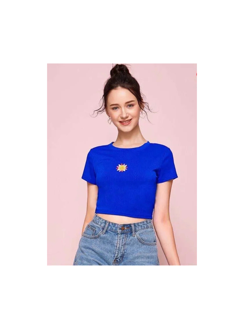 Fashion Blue Sun Flower Embroidered Round Neck T-shirt,Tank Tops & Camis
