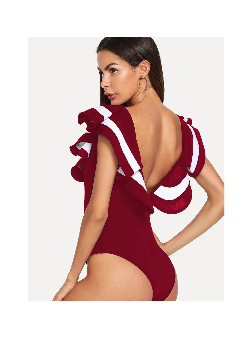Fashion Red Wine Ruffled V-neck Sleeveless One-piece Swimsuit,One Pieces