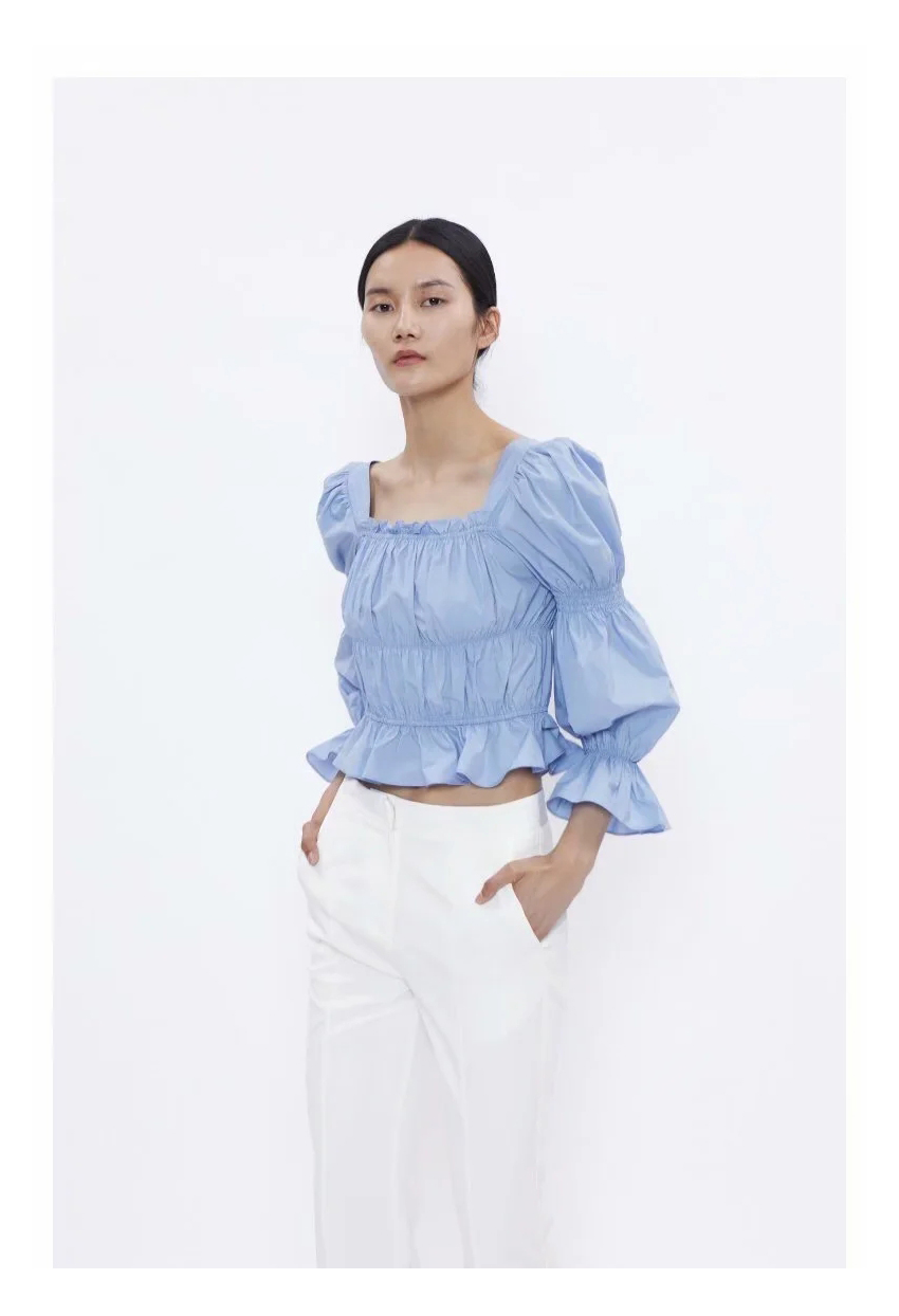 Fashion White Pleated Square Collar Puff Sleeve Shirt,Tank Tops & Camis