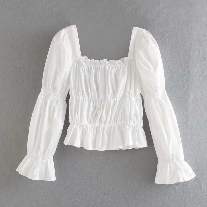 Fashion White Pleated Square Collar Puff Sleeve Shirt,Tank Tops & Camis