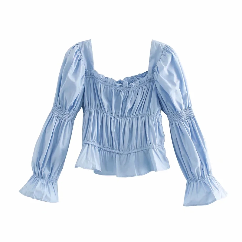 Fashion Blue Pleated Square Collar Puff Sleeve Shirt,Tank Tops & Camis