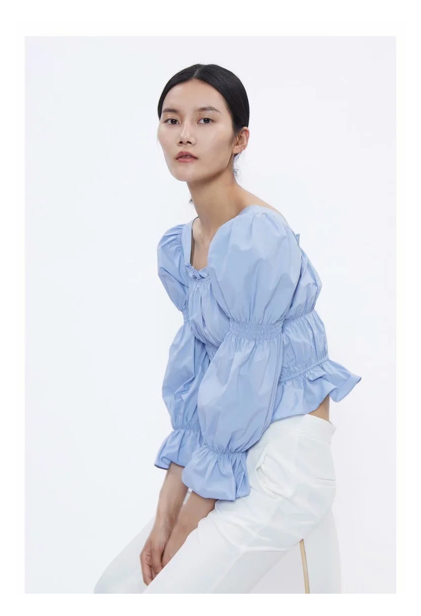 Fashion Blue Pleated Square Collar Puff Sleeve Shirt,Tank Tops & Camis