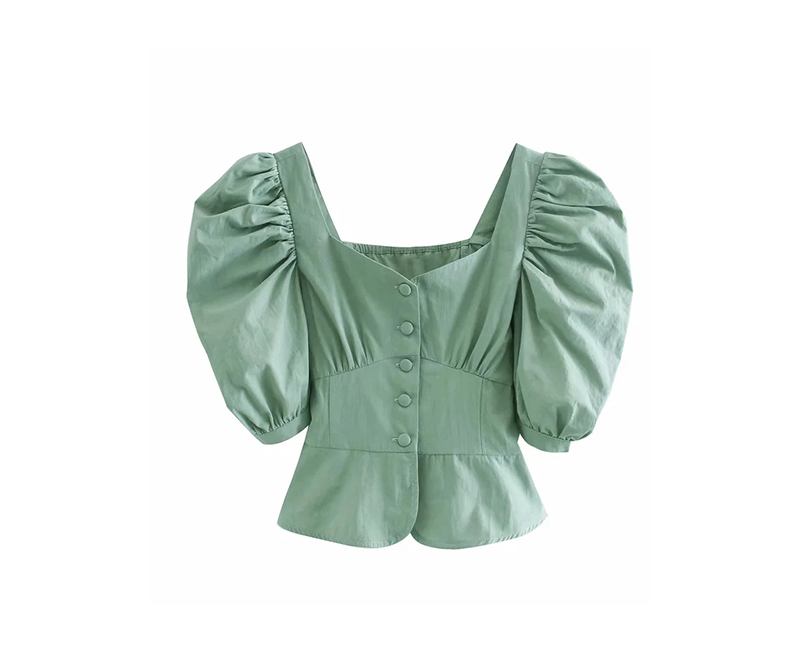 Fashion Green Square Collar Puff Sleeve Loose Shirt,Tank Tops & Camis