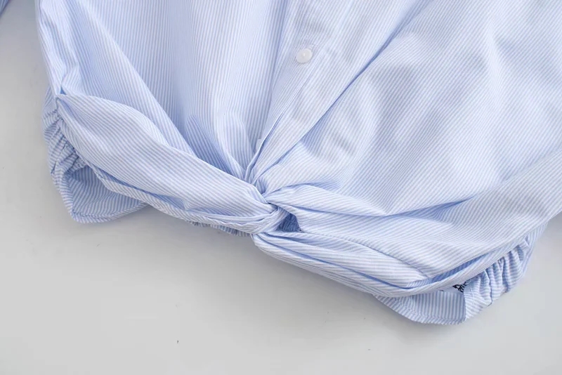 Fashion Blue High Waist Knotted Long Sleeve Shirt,Tank Tops & Camis
