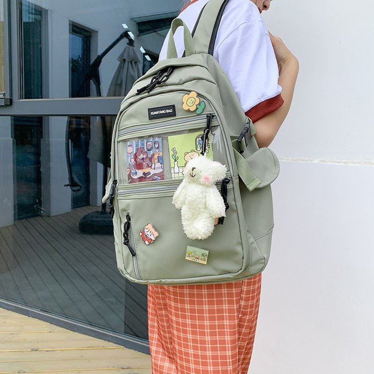 Fashion Green Bear Pendant Cartoon Transparent Card Badge Doll Backpack,Backpack