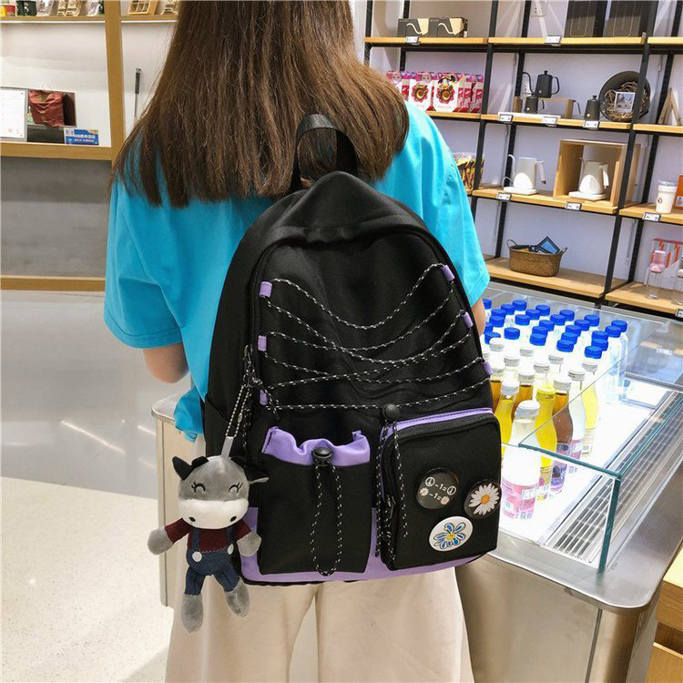 Fashion Black Send Pendant Reflective Rope Badge Flower Drawstring Backpack,Backpack