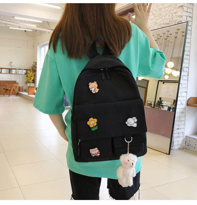 Fashion Black Bear Pendant Canvas Badge Rabbit Bear Flower Backpack,Backpack