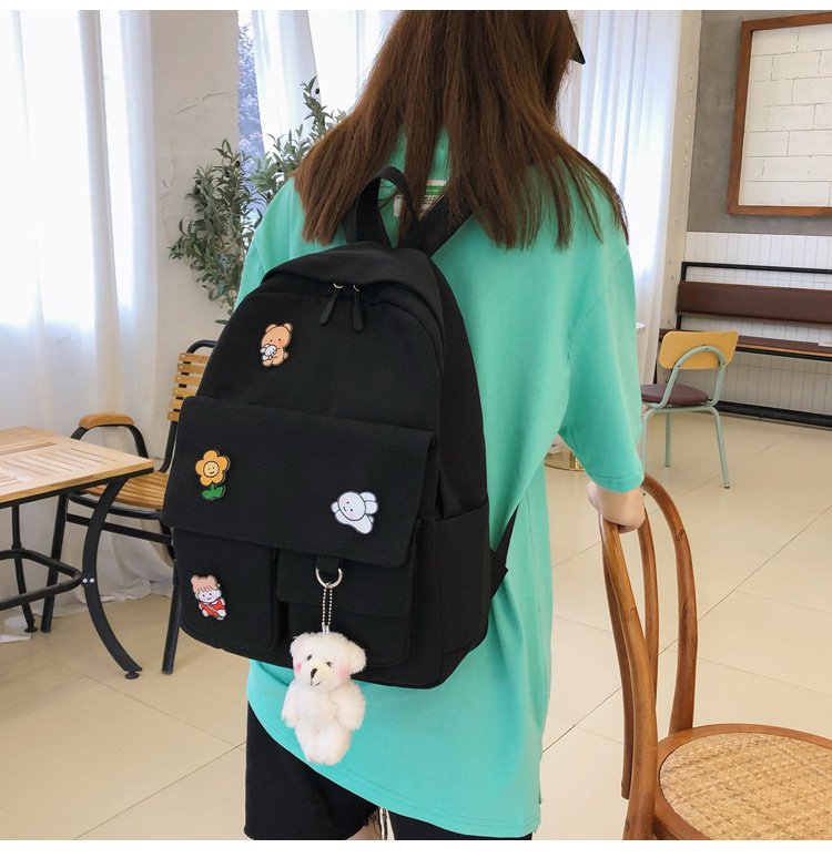 Fashion Send A Bear Pendant On White Canvas Badge Rabbit Bear Flower Backpack,Backpack