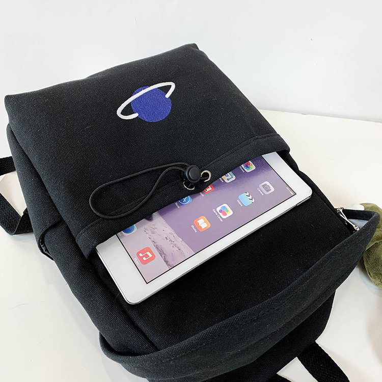 Fashion Black Send Frog Pendant Embroidered Planet Drawstring Canvas Backpack,Backpack