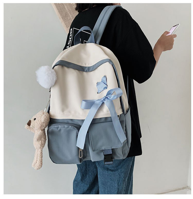 Fashion Blue To Send Bear Fur Ball Pendant Bow Stitching Contrast Color Backpack,Backpack