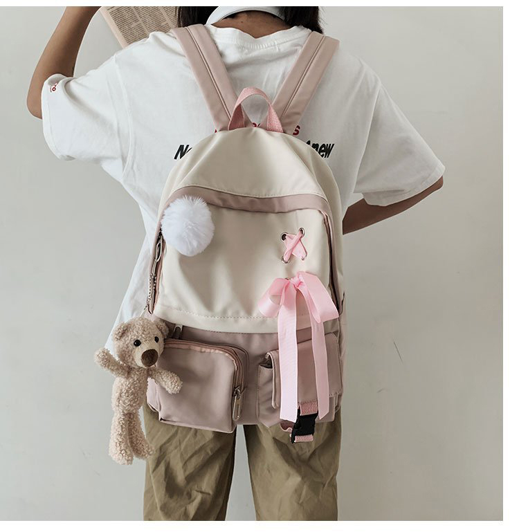 Fashion Pink To Send Bear Bear Ball Pendant Bow Stitching Contrast Color Backpack,Backpack