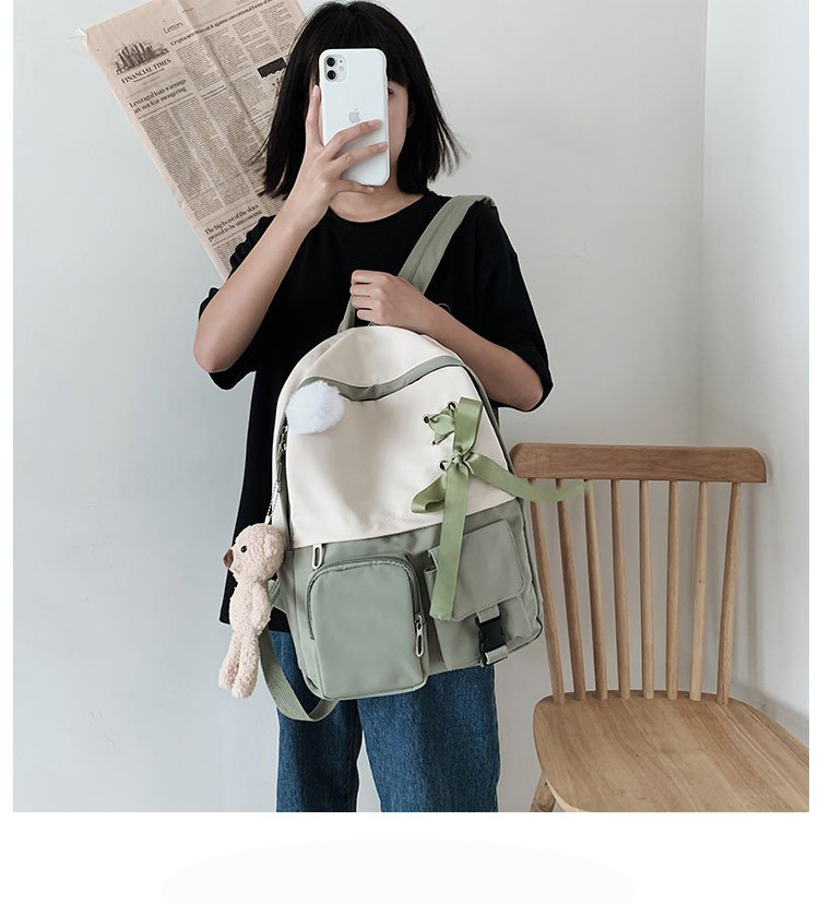 Fashion Green Send Bear Fur Ball Pendant Bow Stitching Contrast Color Backpack,Backpack