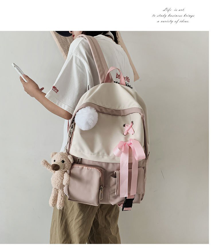 Fashion Pink To Send Bear Bear Ball Pendant Bow Stitching Contrast Color Backpack,Backpack
