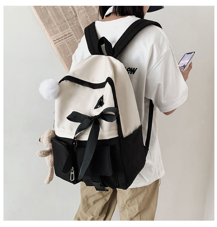 Fashion Black Send Bear Fur Ball Pendant Bow Stitching Contrast Color Backpack,Backpack