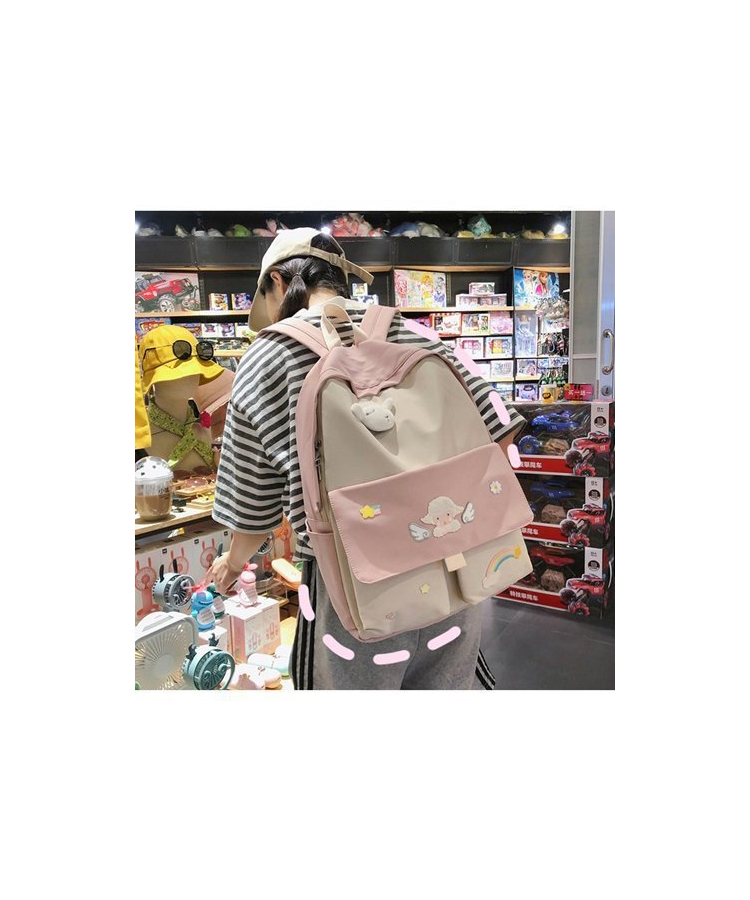 Fashion Pink With Pendant + Embroidery Sticker Rainbow Sheep Angel Wings Little Star Velcro Contrast Backpack,Backpack