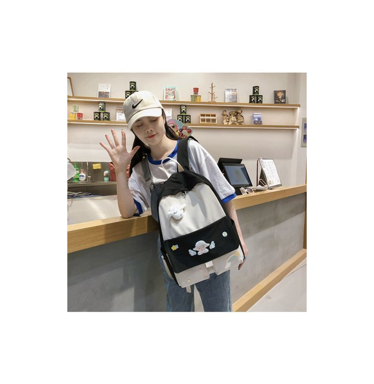 Fashion Black Belt Pendant + Embroidery Sticker Rainbow Sheep Angel Wings Little Star Velcro Contrast Backpack,Backpack