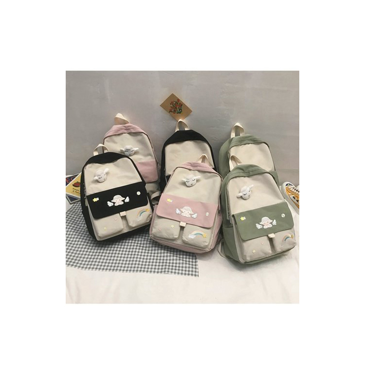 Fashion Pink With Pendant + Embroidery Sticker Rainbow Sheep Angel Wings Little Star Velcro Contrast Backpack,Backpack